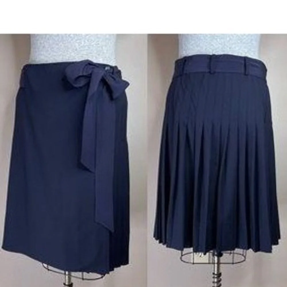 Tory Burch Navy Blue Pleated Wrap Skirt Tie‎ Waist Mini Size 6 Wool Blend